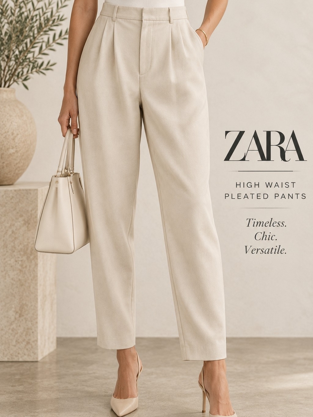 Zara Beige High Waist Pleated Tapered Dress Pants Size Large L Career Office